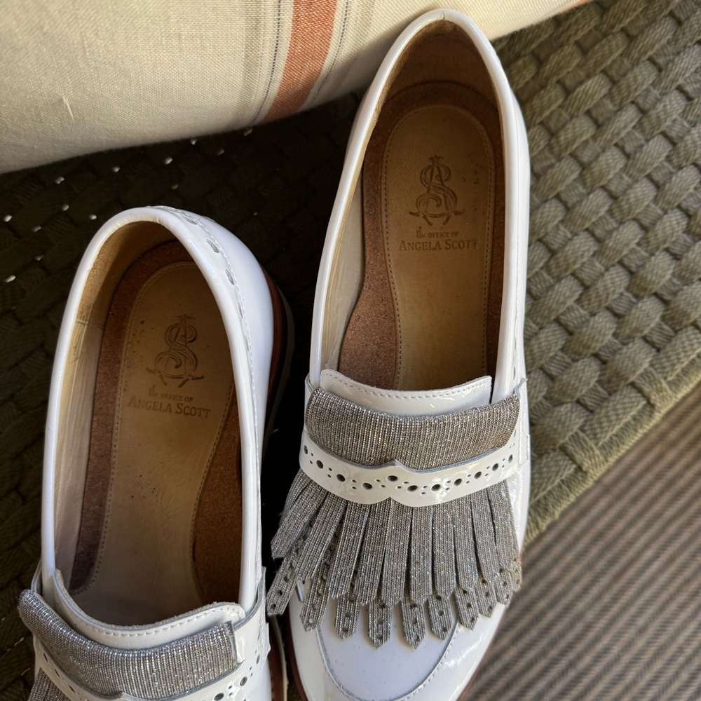 The Office of Angela Scott Mr. Pennywise White Metallic Fringe Wedge Loafer - Picture 4 of 8